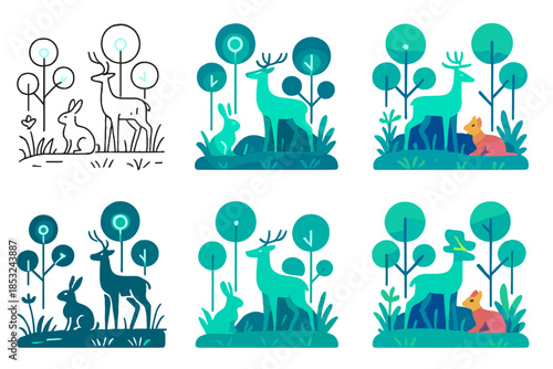 Luminous Synthetic Forest. Artificial forest with luminous synthetic animals, surreal nature reserve illustration, minimal vector