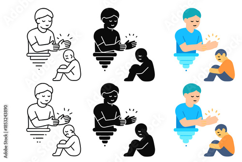 Futuristic Emotional Support. Virtual counselor hologram extending glowing hands towards a sad figure, futuristic emotional