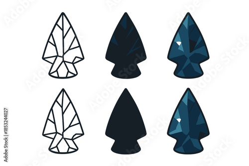 Volcanic Glass Arrowhead Icons. Sharp arrowhead made from dark volcanic glass with glossy facets, minimal vector icon, first in