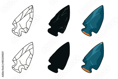 Multistyle Obsidian Arrowhead. Obsidian arrowhead angled to show thickness and sharp edge, abstract minimalist vector illustration
