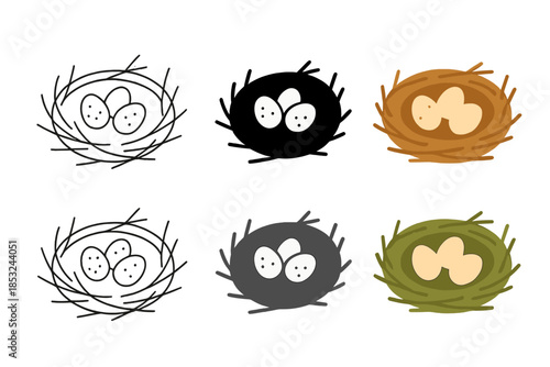 Abstract Finch Nest. Nest with three small finch eggs and surrounding twigs, abstract minimalist vector illustration, first in