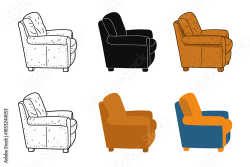 Minimalist Armchair Styles. Side view of worn leather armchair with soft cushions and visible texture, simple minimalist vector