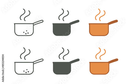 Stylized Cooking Pan. Copper saucepan with gentle steam and simmering effect, abstract minimalist vector illustration, first in
