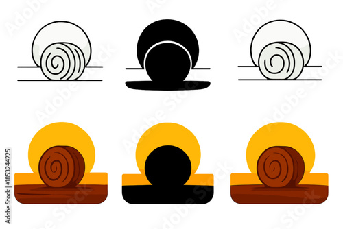 Hay Bale Silhouettes. Silhouette of hay bale against setting sun on open plain, minimalist pastoral calmness and balance, first in