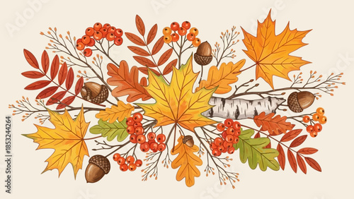 Vibrant autumn leaves and acorns arrangement in warm colors