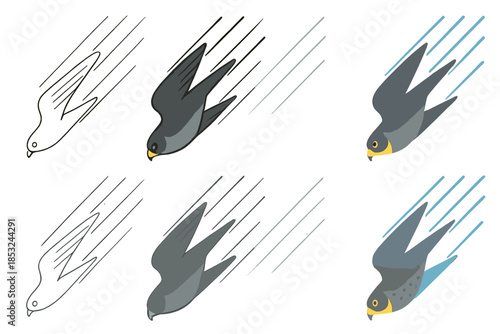 Peregrine Dive Artistry. Peregrine falcon diving at high speed with aerodynamic trail lines showing precision and velocity,