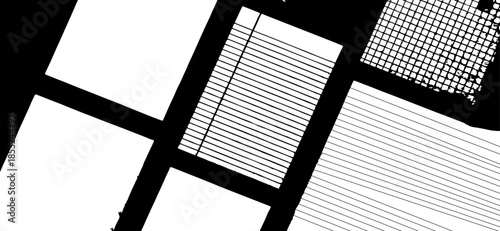 Black and White Grid, Stripes, and Paper Fragments for Design, Tech, and Editorial striped patterns, and torn paper textures.	