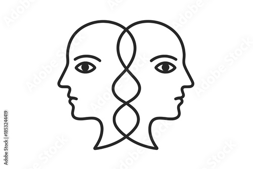 Dual Emotions Icons. Line style icons of Dual Feelings: two merged profiles, split gaze, intertwined lines, mirrored faces, shared