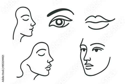 Minimalist Face Expressions. Line style icons of One Line Faces — expressive emotions drawn in continuous minimalist lines: serene
