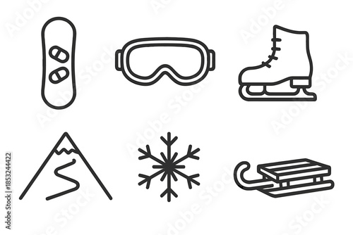 Winter Sports Icons. Line style icons of Winter Sports: snowboard, ski goggles, ice skate, mountain slope, snowflake, sled. No