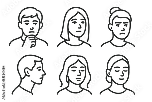 Thoughtful Line Icons. Line style icons of Thoughtful Moments: resting chin, distant gaze, curved brow, parted lips, side profile,