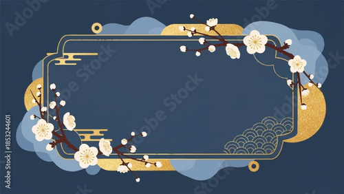 An elegant vector illustration of plum blossoms in a gold frame, set against a dark blue background