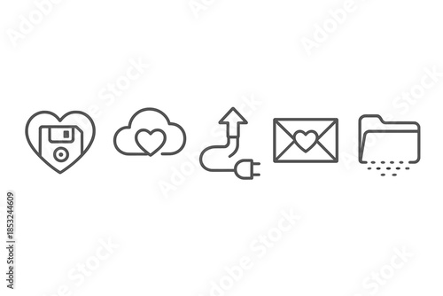 Sentimental Backup Icons. Line style icons of Sentimental Backup: heart-shaped disk, cloud bubble, gentle wire, warm upload,