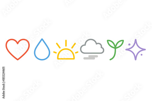 Emotional Palette Icons. Line style icons of Emotional Palette: passionate red heart, peaceful blue drop, hopeful yellow ray,