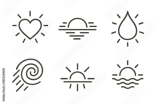 Visual Emotion Icons. Line style icons of Visual Emotion: glowing heart, calm horizon, radiant tear, tranquil beam, stormy swirl,