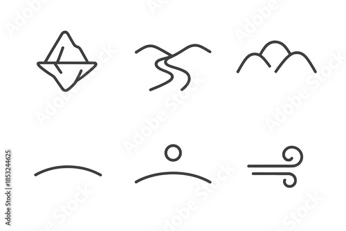 Minimal Landscape Icons. Line style icons of Minimal Landscape: floating peak, linear stream path, balanced hill shapes, curved