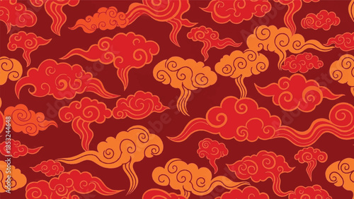 Vibrant red and orange clouds with swirling patterns in a graphic illustration