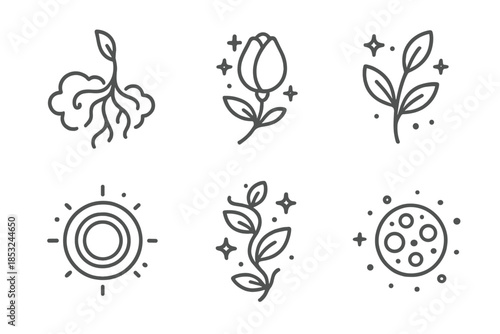 Celestial Growth Icons. Line style icons of Nebula Growth: vapor root, stardust bud, glowing sprig, radiant core, celestial vine,