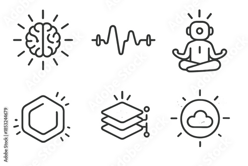 Machine Mindfulness Icons. Line style icons of Machine Mindfulness: radiant circuit, slow pulse, meditating sensor, luminous data