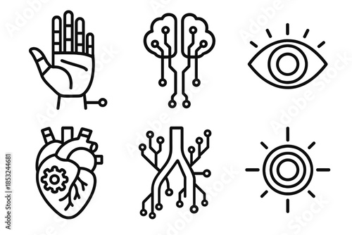 Post-Human Icons. Line style icons of Post-Human Design: hybrid hand, neural circuit, glowing eye, mechanical heart, digital vein,