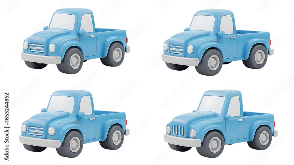Naklejka premium Four stylized light blue 3D pickup truck renders, each with unique viewing angles, isolated on white. Perfect for digital graphic design and automotive themes