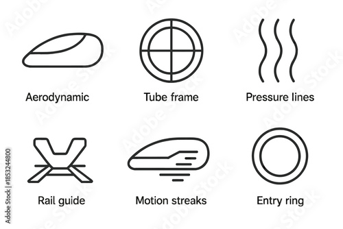 High-Speed Vacuum Pod. Line vector icons of high-speed vacuum pod: aerodynamic pod, tube frame, pressure lines, rail guide, motion