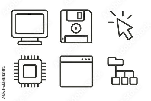 Retro OS Line Icons. Line vector icons of simulated old OS interface: screen contour, legacy media disk, startup blink, processor