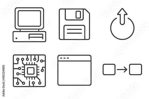 Retro System Icons. Line vector icons of outdated system simulation: old-style desktop, diskette symbol, startup icon, circuit
