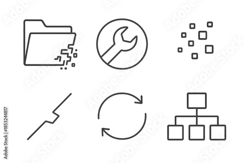 Digital Archive Restoration. Line vector icons of digital archive healing: glitchy folder, repair circle, pixel debris,
