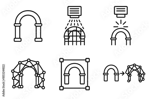 3D Artifact Scanning Icons. Line vector icons of archaeological artifact 3D scanning: relic arc, structured-light grid, scan flash