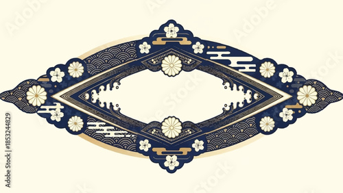 An ornate diamond-shaped frame with floral patterns and decorative elements in a vintage style illustration