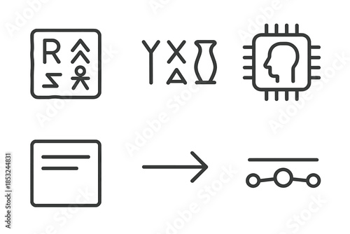 Ancient Language Decoding Icons. Line vector icons of old-language decoding via AI: inscription tile, ancient characters, chip