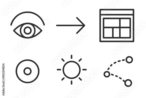 Eye Movement Tracking Icons. Line vector icons of website eye-movement tracking: eye arc, follow arrow, page grid, gaze node,