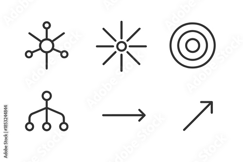 Contagion Spread Icons. Line vector icons of epidemic-like contagion spread: focal node, radiating vectors, ring waves, branching
