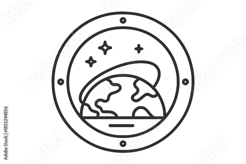 Space Hotel Icons. Line vector icons of zero-gravity hotel view: porthole circle, Earth outline, star cluster, window border,