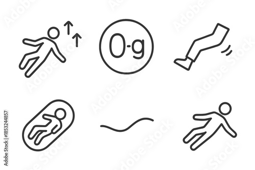Zero-G Motion Icons. Line vector icons of zero-g passenger moment: body arc, free-float arrows, 0-g symbol, drifting legs, capsule