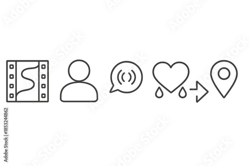 Story-Led Communication Icons. Line vector icons of story-led ad communication: narrative track, avatar outline, message ripple,