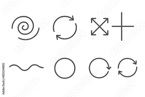Motion Dynamics Icons. Line style icons of motion core dynamics: shifting spiral, rotating motion, connected arrows, stable axis,