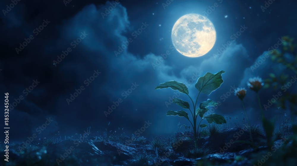 Fototapeta premium Glowing plant under a full moon in a dreamy night landscape with clouds and stars, illuminated foliage in a mystical environment with a sense of magic and wonder