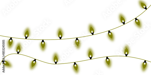 Two wavy strings of olive green glowing fairy lights on a white background, perfect for festive designs.
