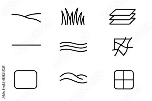 Meadow Management Icons. Line style icons of meadow management frameworks: field curve, tall grass, layer grid, horizon stripe,