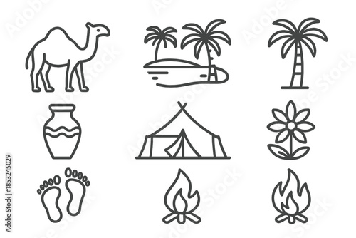 Ancient Desert Icons. Line style icons of ancient desert life: camel, oasis, palm tree, tribal tent, pottery jar, desert flower,
