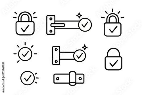 Illuminated Lock Icons. Line style icons of confirmed secure locks: illuminated hasp, polished latch, radiant padlock, finished