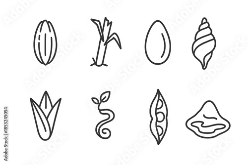 Harvest Mystery Icons. Line style icons of harvest mystery byproducts: grain remnant, broken stalk, faded seed, paradox shell,