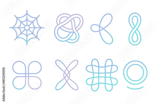 Pearlescent Puzzle Icons. Line style icons of pearlescent intersection puzzles: iridescent web, polished tangle, radiant curve,
