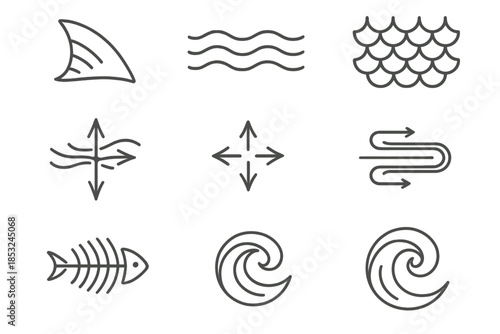Fluid Anatomy Icons. Line style icons of fluid directional anatomy: fin alignment, ripple motion, scale network, flowing compass,