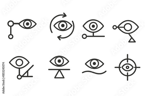 Sight Fulcrum Icons. Line style icons of sight fulcrum markers: eye hinge node, rotating gaze, optical joint, light lever,