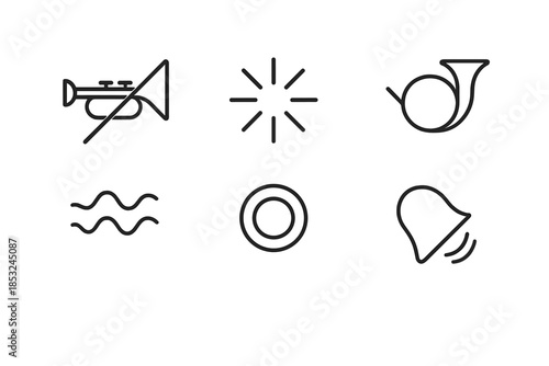 Muted Fanfare Icons. Line style icons of muted fanfare signals: quiet trumpet, soft burst line, subdued wave, curved horn outline,