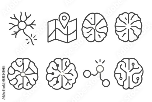 Radiant Brain Connections. Line style icons of radiant cerebral navigation: luminous neuron path, glowing map, light-thread cortex