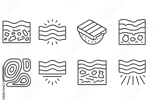 Historical Waste Icons. Line style icons of historical waste visualization: debris cross-section, glowing layers, light scan,